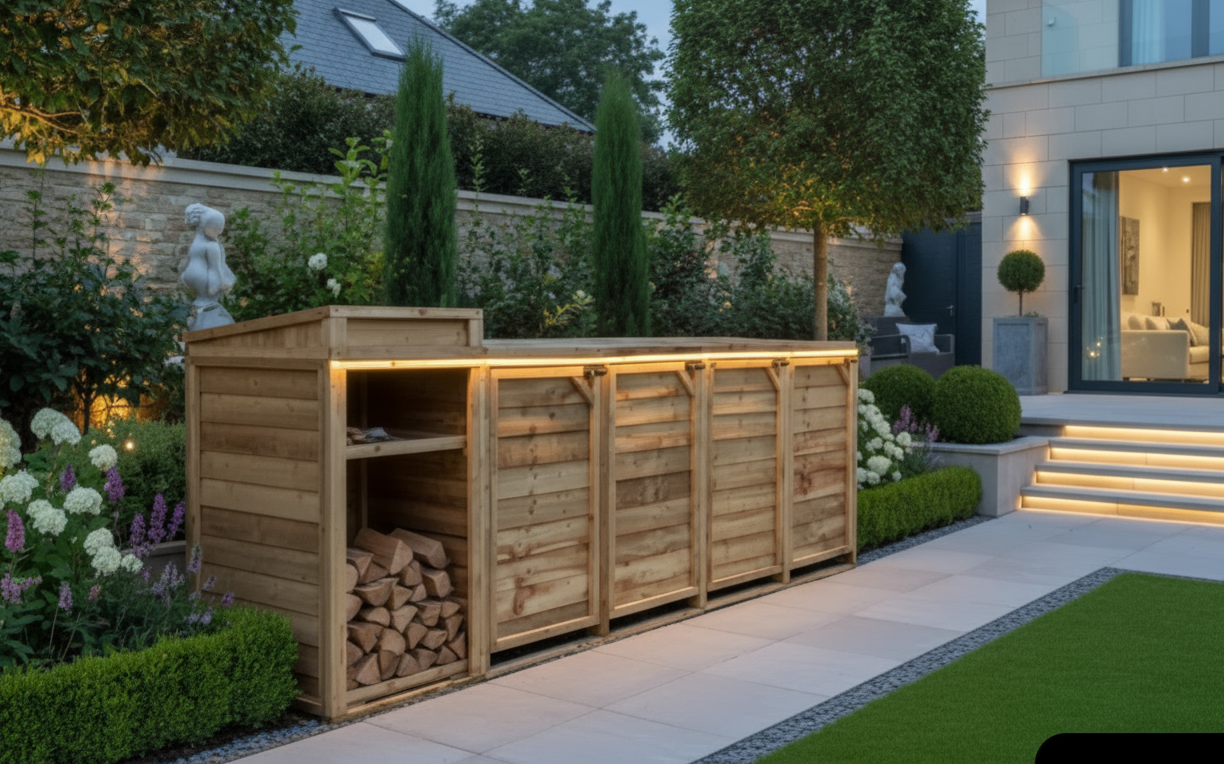 4K enhanced garden with wood storage unit