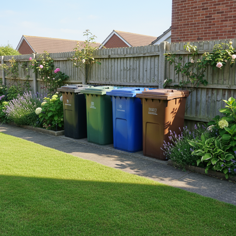 Before - 4 wheelie bins in different garden