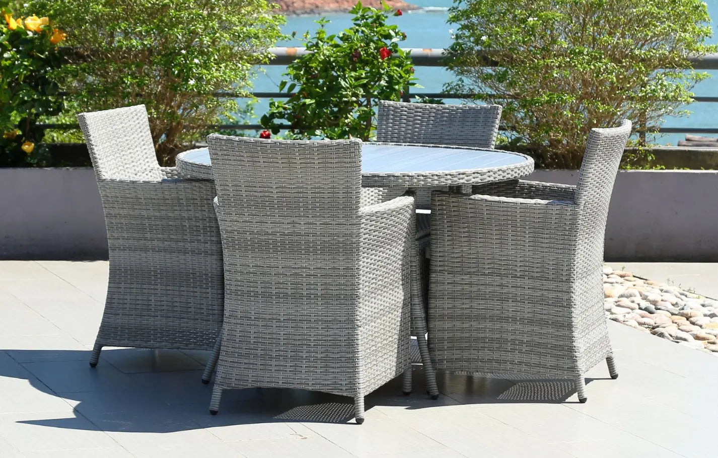 Bridgetown 4 Seater Round Rattan and Polywood Grey Garden Dining Set 120cm