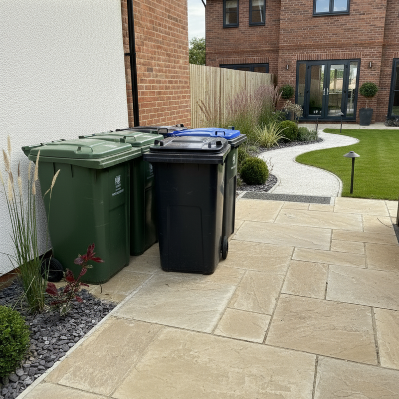 Four wheelie bins on modern patio