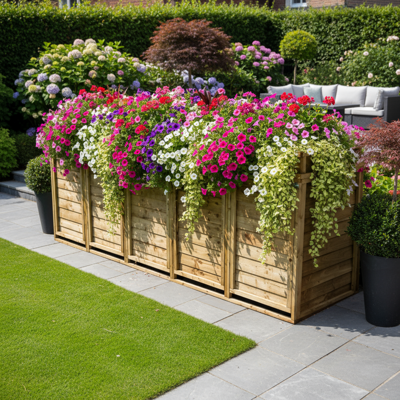 Luxury garden scene with wheelie bin storage and planter top
