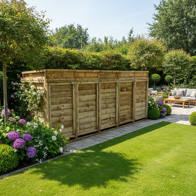 Luxury garden scene with wheelie bin storage