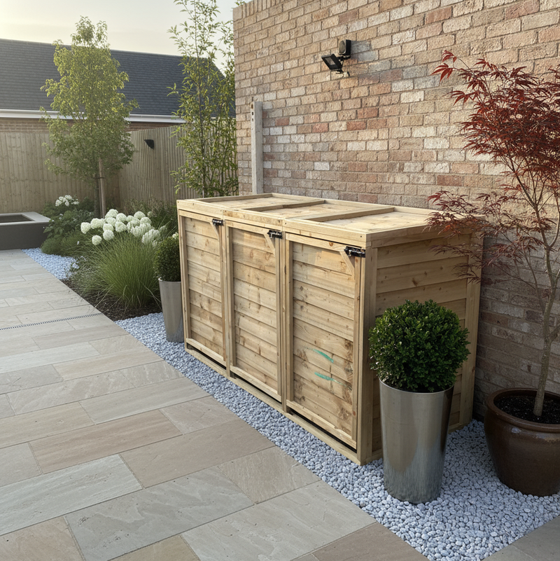 Luxury residential garden with wheelie bin storage