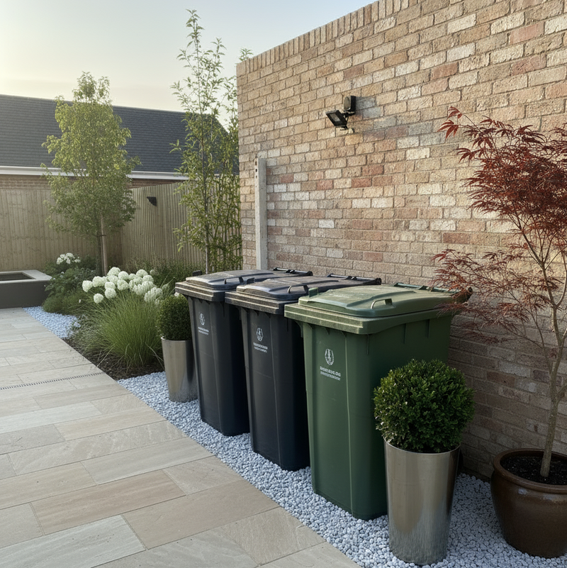 Three wheelie bins in contemporary garden