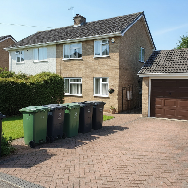 Five wheelie bins on driveway