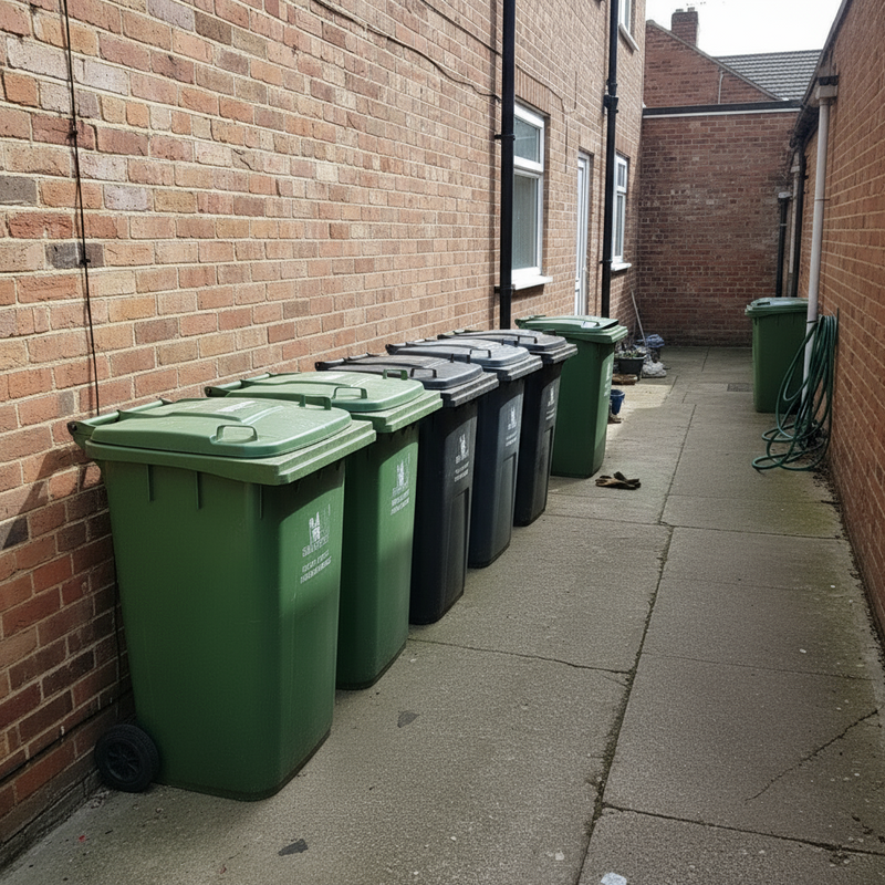 Four wheelie bins in the same garden