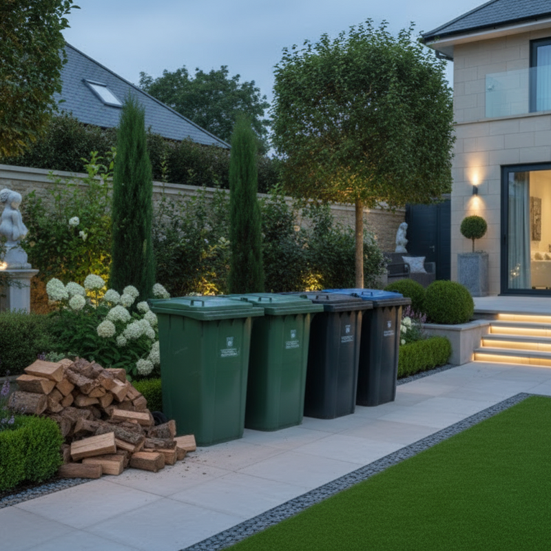 Four wheelie bins with smaller wood pile in luxury garden