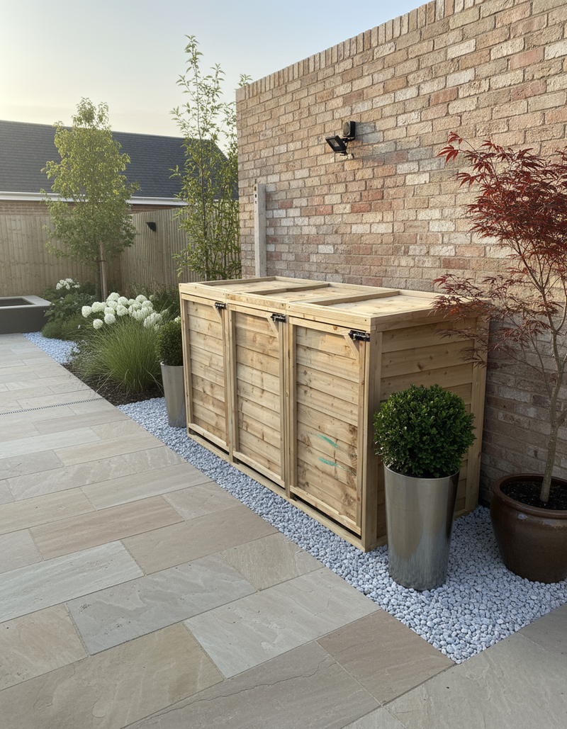 Luxury residential garden with wheelie bin storage