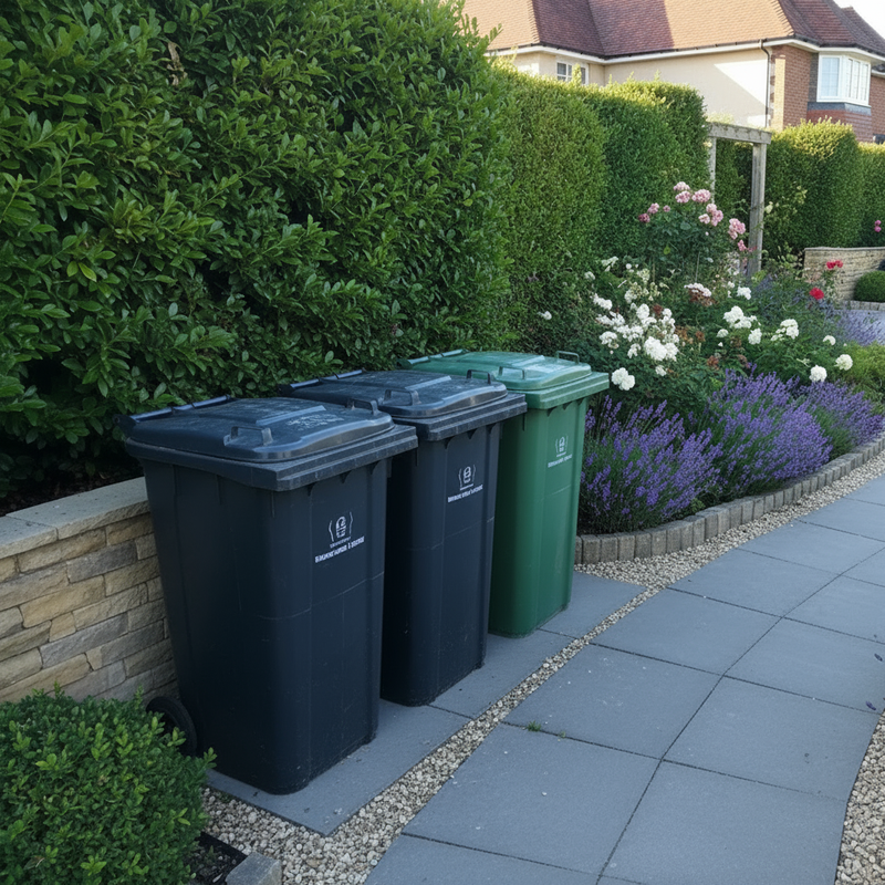 Three wheelie bins on garden patio