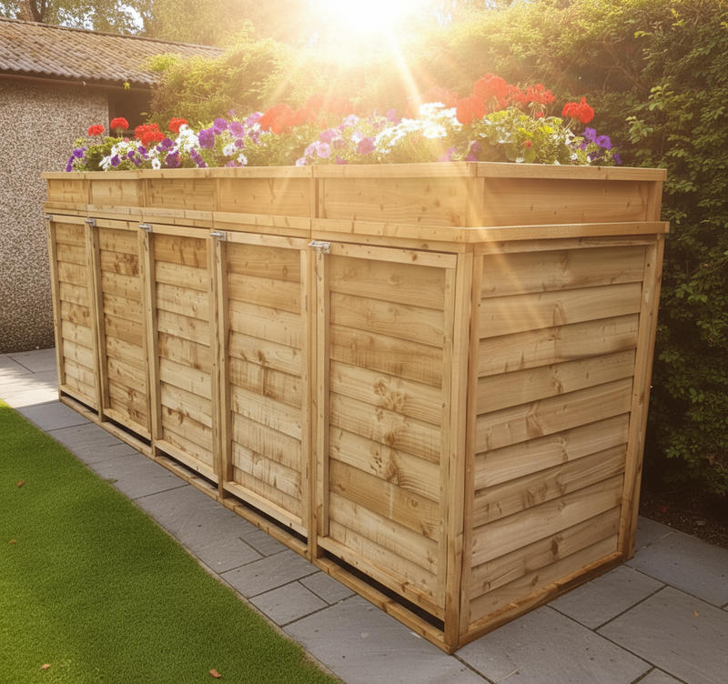 Wheelie Bin Storage with Planter Top - Extra Deep with sunlight