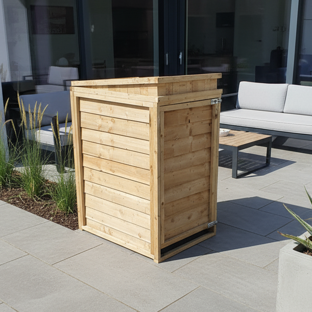 Wood store on contemporary patio
